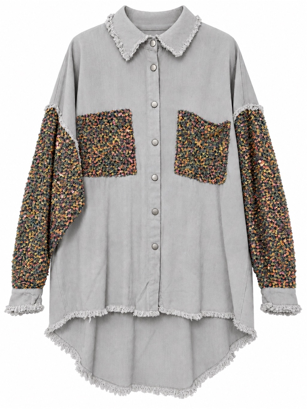 Fantastic Fawn Light Grey Jacket Shacket with Sequin Sleeves & Pockets